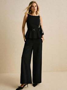 Blusa sin mangas elegante y casual con dobladillo con volantes, para verano - Negro - Ver 2