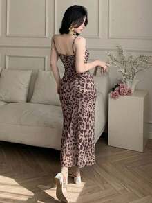 Vestido de tirantes con abertura y volantes en degradado, vestido de verano y cóctel elegante para mujer - Marrón - Ver 5