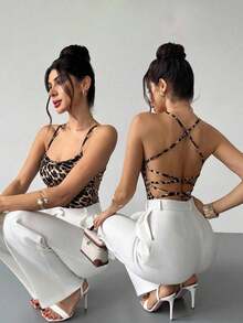 Body elegante y romántico con estampado bohemio y espalda cruzada, adecuado para vacaciones en la playa de Hawái y citas - Marrón 3 - Ver 8
