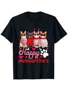 Funny Happy Cat T-Shirt For Valentine's Day | Casual Loose Fit, Crew Neck, Slightly Stretchy Fabric, Slogan Print Holiday Wear. - 黑色 - 查看 1