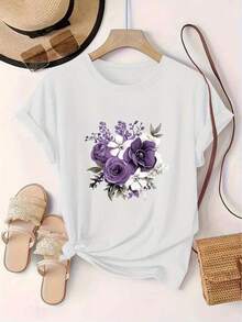Limited Time Offer, Limited Quantities, Flash ! Women's Casual Shirts, Women's Polyester T-Shirts, Elegant Shirts. Women's Short Sleeve Casual T-Shirt With Round Neck And Floral Print - 白色 - 查看 9