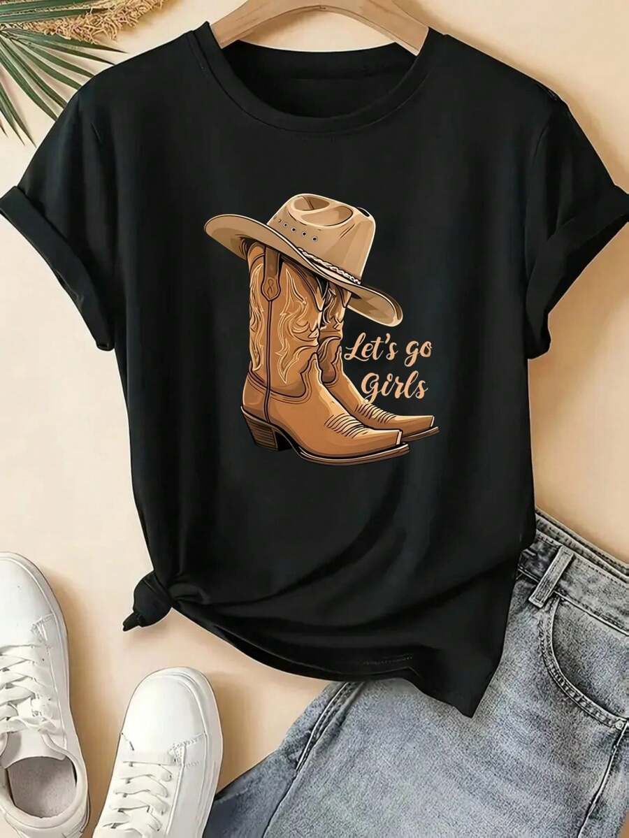 Women's Short Sleeve Cowboy Style T-Shirt With Monogram Print Of Boots And Cowboy Hat - Ideal For Spring, Summer, And Autumn, For Casual Wear, Cowboy-Themed Events, And Everyday Outfits - Women's Non-Round Neck Blouse - 黑色 - 查看 1