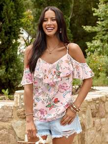Blusa de mujer de gasa con hombros descubiertos, bajo con volantes y estampado, para primavera/verano y vacaciones - Rosa 2 - Ver 5