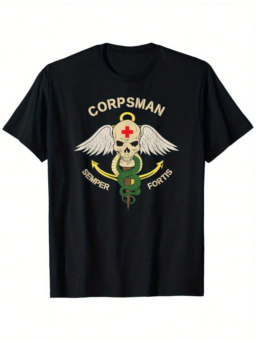 Unisex Black Cotton T-Shirt With CORPSMAN SEMPER FORTIS Design - Soft And Casual Crew Neck T-Shirt, Suitable For Both Men And Women, Perfect For Birthdays, Halloween, Thanksgiving, Christmas, All Seasons, And Casual Wear. | Bold Print T-Shirt | Soft Fabric T-Shirt, Ideal For Christmas, Perfect For Thanksgiving. - 黑色 - 查看 1