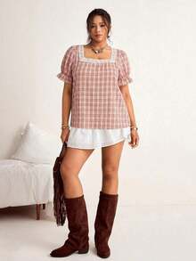 Blusa de manga corta con cuello cuadrado y parches de encaje de talla grande, blusa de manga abullonada - Rojo - Ver 5