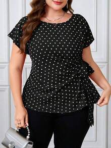 Camisa casual de manga corta con diseño plisado y teñido anudado para mujer de talla grande, adecuada para vacaciones, fiestas y salidas - Blanco y Negro - Ver 4