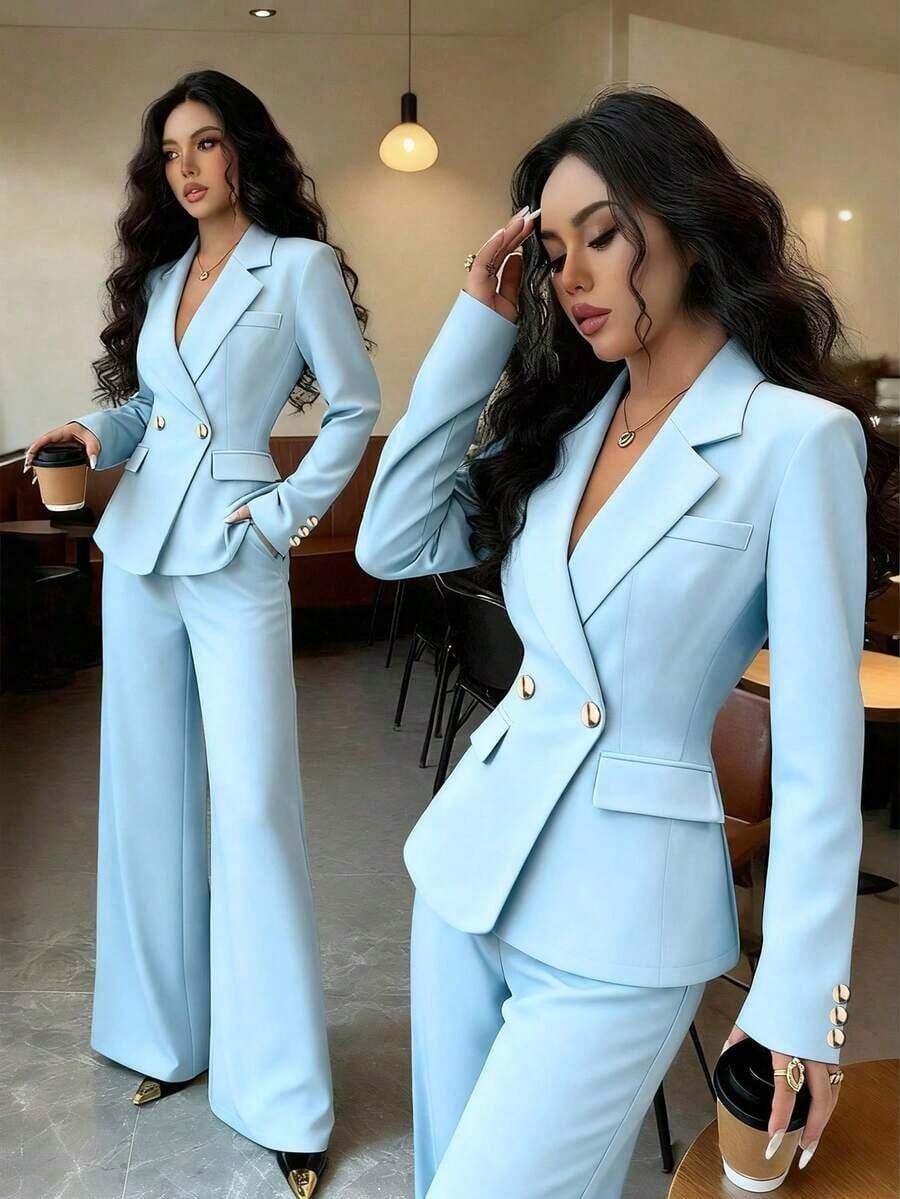 Conjunto de blazer y pantalón de bolsillo de unicolor azul con botones dorados y cuello entallado elegante para mujer, versátil para otoño/invierno - Azul - Ver 1