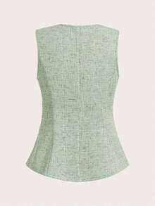 Blusa sin mangas con botones de metal en forma de rosa, estilo francés, para uso casual y de oficina, blusa de verano de alta gama - Verde - Ver 2