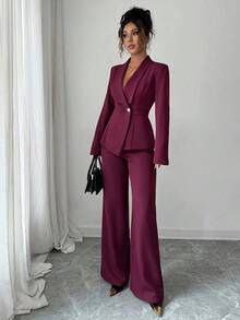 Conjunto de traje de mujer, tela de traje, cuello de solapa, manga larga, cintura ceñida con dobladillo asimétrico en línea A, decoración de botón de metal, sofisticado y elegante para la oficina, el transporte, el estilo callejero, el romanticismo francés, casual, vintage de Oriente Medio, té de la tarde, fiesta, Acción de Gracias, regreso a la escuela, primavera/otoño/invierno - Burdeos - Ver 5