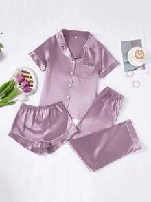 Conjunto de pijama de 3 piezas para mujer con cuello de seda falsa de unicolor y ribete contrastante - Púrpura malva - Ver 7