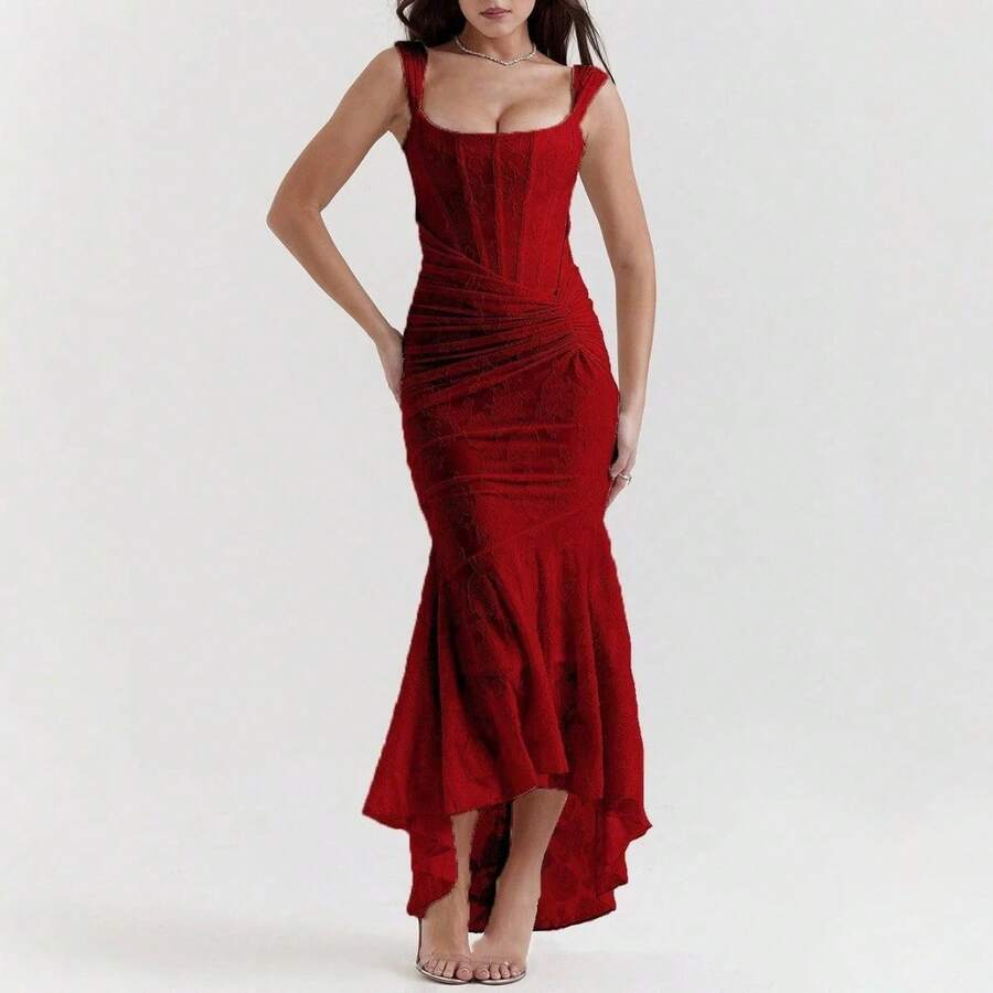 Solid Color Party Dress, Low Neck, Sleeveless, Elegant Fitted Cut, New Spring-Summer Collection For Women - Burgundy - View 1