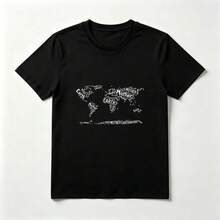 Mapa Mundial Playera de Algodón Negro con Letras Minimalista - Negro - Ver 1