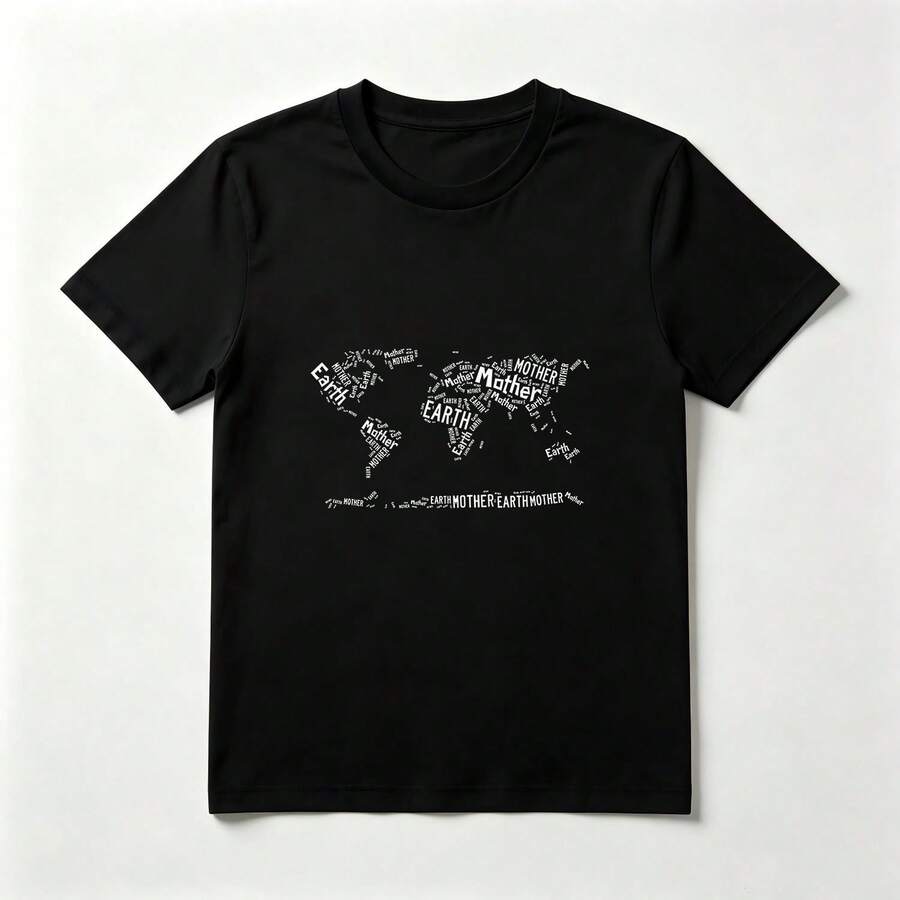 Mapa Mundial Playera de Algodón Negro con Letras Minimalista - Negro - Ver 1