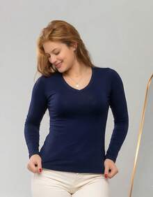 Set Of 2 Long Sleeve T-Shirts, Base Layer Blouses, V-Neck, Slim Fit, Workwear, Winter, Basic, Plain - 藏蓝色 - 查看 6