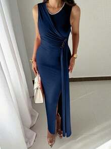 YHHRafferiza Vestido elegante de fiesta con cuentas sin mangas para mujer, vestido de noche largo de verano para eventos formalesYHH - Azul marino - Ver 5