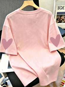 Camiseta de manga corta casual para mujer de talla grande - Patrón de abuela corona y corazón, estampado geométrico, cuello redondo transpirable, lavable a máquina, cómoda para todas las estaciones, rosa de moda para verano - Rosa - Ver 3