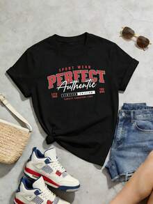 Camiseta de manga corta con cuello redondo suave y casual para mujer, estilo retro americano preppy, imagen principal deportiva, estilo de ropa deportiva europea y americana, diseño atemporal, estilo urbano, universitario, deportivo, años 90, milenio, Y2K. Negro. - Negro - Ver 2