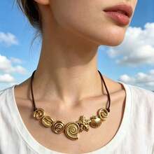 Summer Elegant Ocean Style Necklace For Women, Vintage Bohemian Golden Seashell Handmade Braided Velvet Cord Necklace, Versatile Accessory Gift For All Seasons - Necklace - View 1