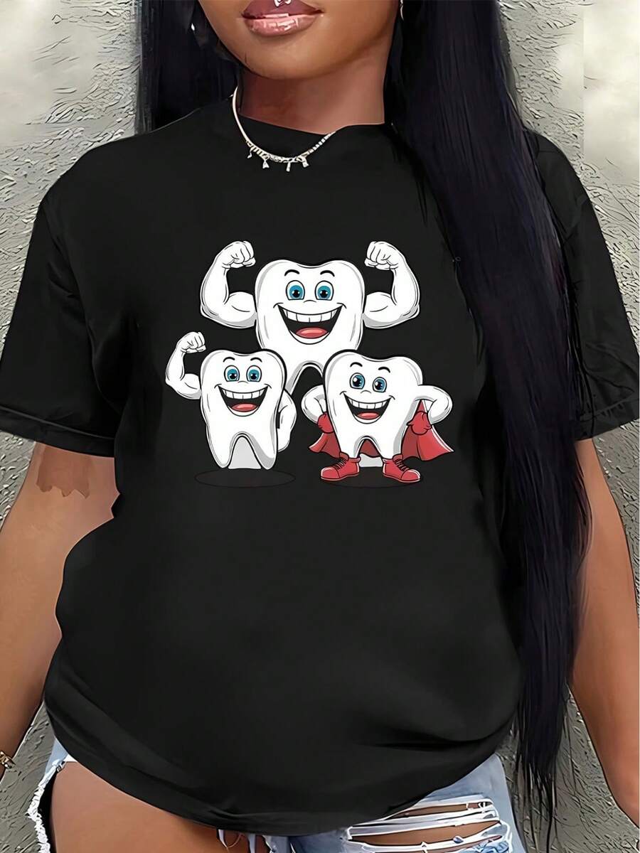 Camiseta de manga corta, ligera y duradera, con un divertido diseño de diente de caricatura, perfecta para el hogar, el trabajo o salidas informales a restaurantes. Tejido estampado, cómodo y elegante para el uso diario.women's shirts - Negro - Ver 1