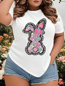 Camiseta Gráfica Floral de Conejo de Pascua para Mujer, Talla Grande, Top Casual de Primavera Verano con Flores Coloridas y Contorno de Estampado de Leopardo para Celebración de Pascua - Blanco - Ver 1