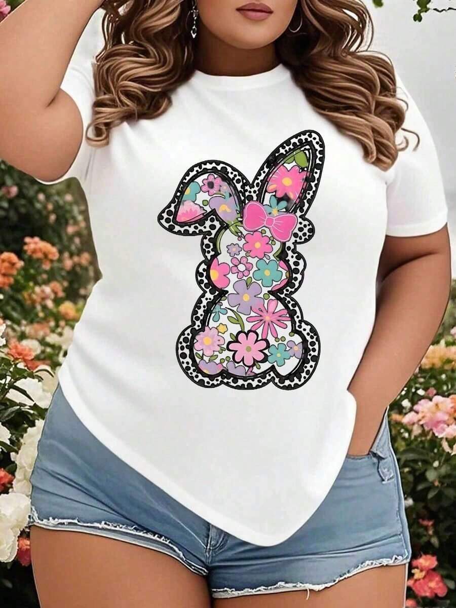 Camiseta Gráfica Floral de Conejo de Pascua para Mujer, Talla Grande, Top Casual de Primavera Verano con Flores Coloridas y Contorno de Estampado de Leopardo para Celebración de Pascua - Blanco - Ver 1