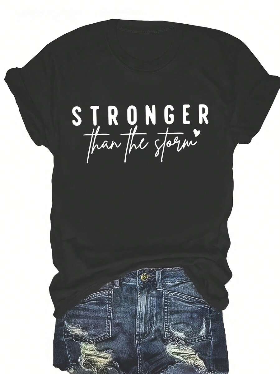 Women's Casual Sports T-Shirt With Graphic Design Than - Elastic Round Neck T-Shirt, Machine Washable, Comfortable Fit And Perfect For All Seasons, For Casual Activities And Everyday Style. - 黑色 - 查看 1