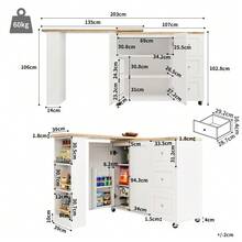 360° Rotating Bar Table (135-203 X 39 X 106 Cm) With Wheels, White, With Three Drawers. Includes Snack Rack. Multifunctional Storage Island, Ideal For Kitchen And Living Room. - 白色 - 查看 10