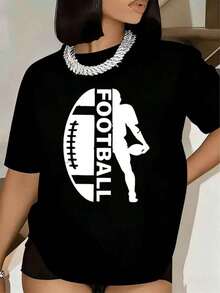 Camiseta Casual para Mujer, Estampado Gráfico de Jugador de Fútbol y Balón, Manga Corta, Cuello Redondo, Ropa Casual, 220g, 100% Algodón, Duradera - Negro - Ver 6