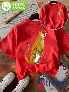 Camiseta de manga corta estilo retro americano para mujer, ideal para vacaciones de verano, con estampado de gafas de sol, botas rojas y leopardo. Moderna y única. Adecuada para ropa urbana/diaria. Estampado a doble cara en la parte delantera y trasera. Diseño sencillo y elegante. Ropa casual de verano transpirable. Unisexo. - Rojo - Ver 12