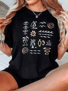 Women Shirt Loose Fit Oversized And White Options Abstract Symbol Print Graphic Design Minimalist Art Style Casual Wear Everyday Streetwear Fashion Top Playeras De Mujer Ropa Deportiva Blusas Para Mujer Gym Ropa Deportiva Mujer Tops De Mujer Playeras Tops Tops Deportivos Conjuntos Deportivos Ejercicio Top Deportivo MujerSuitable for spring, summer and autumn - Negro - Ver 1