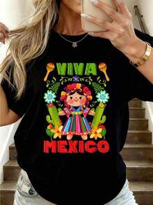 Viva Mexico, Independence Day, Mexican Flag, Lele Doll T-Shirt For Women And Kids, Fashionable Casual T-Shirts For Women, Everyday T-Shirts, Party And Carnival Style Streetwear With Breathable Blouses For Daily Wear And Activities. - 黑色 - 查看 7