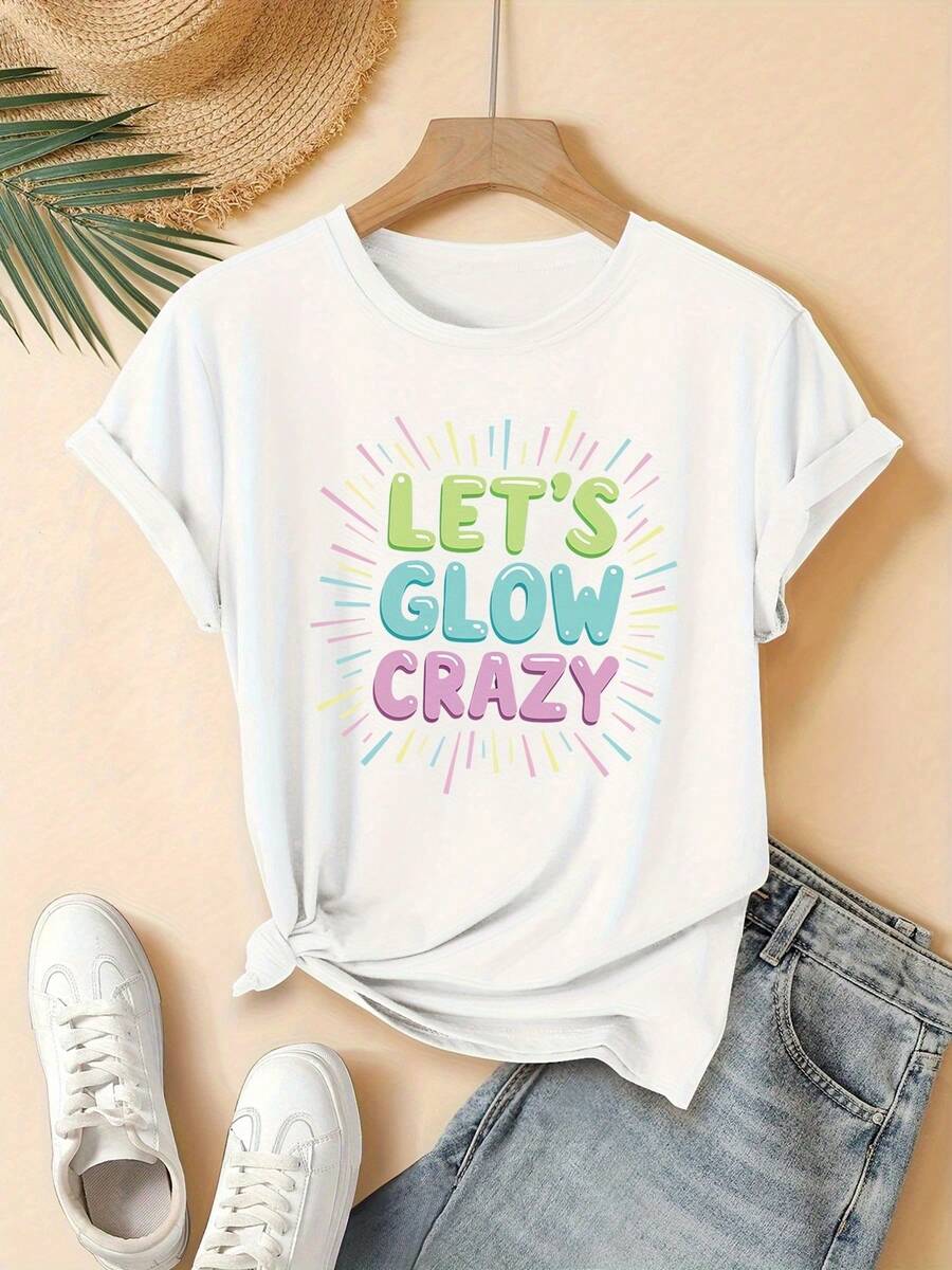 Cozy Comfy Lounge, Women's Spring/Summer One-Piece Clothing, "Let's Shine Crazy" Print T-Shirt, Round Neck, Short Sleeve, Casual Fashion Top, Elegant Party Wear, Loose Fit, Holiday Gift, Fun Design, Everyday Wear, Loungewear, Soft And Relaxed Home Wear. - 白色 - 查看 1