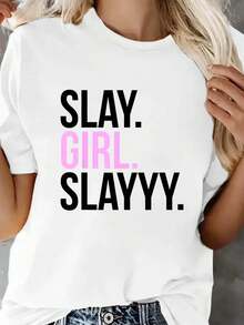Camiseta ligera y transpirable de una sola pieza para mujer, de cuello redondo y estilo casual, con la impresión "Slay irl Slayyy", adecuada para todas las estaciones, de estilo deportivo, ideal para usar en capas en conjuntos de primavera y otoño. - Negro - Ver 8