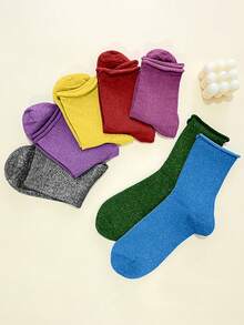 1/6/10 Pairs Random Women Socks, Solid Color Cuffed Design With Metallic Glitter, Sexy Mid-Calf Socks, Suitable For All Seasons - Multicolor - View 9
