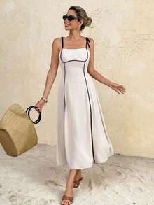Frenchy Vestido midi con tiras anudadas y ribete de color contrastante para mujer - Albaricoque - Ver 6
