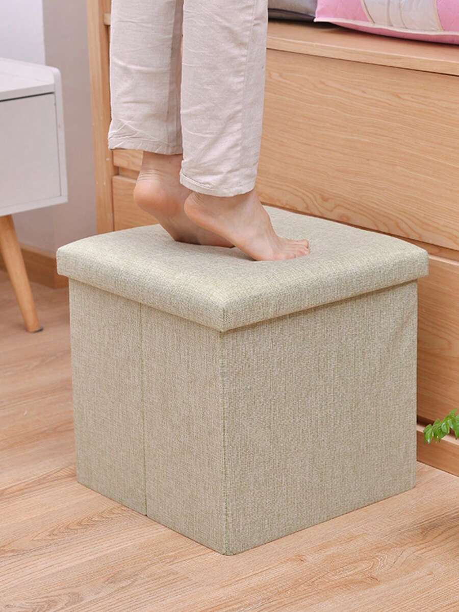 1pc Fabric Folding Storage Ottoman, Household Storage Bench, Can Be Sat On, Shoe Changing Bench With Large Capacity, Extendable Bench, Square Storage Ottoman, Foldable Storage Box, Footrest Stool - Beige - View 1