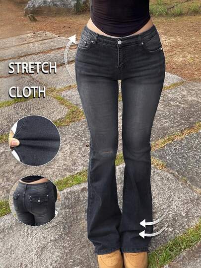 GILIPUR Y2K Women's Flare Jeans, Black Stretch Skinny Fit, Vintage Wash, Casual Versatile, Distressed Flare Jeans, Streetwear Style, Suitable For Winter And Spring, Retro Fashion, Great For New Year, Valentine's Day And Holiday Or As A Holiday Gift