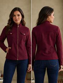 Slim Fit Jacket In Fleece Fabric, Wool Style, Faux Pockets, Winter Fashion, Party, São João (Saint John's Day), Office, Day-To-Night, , Premium, Blogger. - Màu Đỏ Sâu - Xem 1