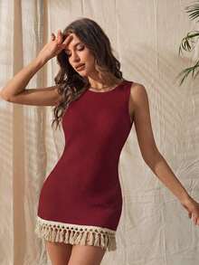 1 pieza Body sin mangas de mujer con textura de malla y flecos largos, estilo elegante - Burdeos - Ver 5
