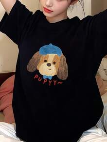 Youthful Casual Graphic T-Shirt Stylish Clothing Suggestions - Women's Casual And Sporty T-Shirt With Round Neck And Short Sleeves, Made Of Loose And Breathable Fabric, With An Adorable And Contemporary Pattern Design, Suitable For Sports And Daily Wear. - 黑色 - 查看 1