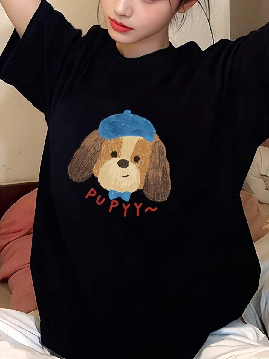 Youthful Casual Graphic T-Shirt Stylish Clothing Suggestions - Women's Casual And Sporty T-Shirt With Round Neck And Short Sleeves, Made Of Loose And Breathable Fabric, With An Adorable And Contemporary Pattern Design, Suitable For Sports And Daily Wear. - 黑色 - 查看 1