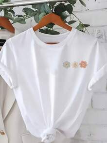 1PSCAdorable Camiseta con Estampado Floral en talla S, Popular Camiseta Casual de Cuello Redondo y Manga Corta de Europa y América, Ropa Elegante para Mujer para Primavera y Verano, Camisetas Lavables a Máquina - Blanco - Ver 2