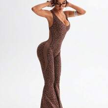 Slayform 1pc Leopard Print Twisted Back Deep V Flare Jumpsuit Leopard Jumpsuit Flared Leggings Jumpsuit Flare Yoga Jumpsuit Pink Leopard Print Jumpsuit Pink Cheetah Print Jumpsuit Flared Cheetah Print Jumpsuit Jumpsuit For Women Workout - Rosa Pálido - Ver 4