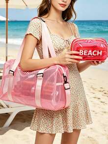 果凍色透明大容量防水旅行托特包，附「Beach Easy Life」迷你化妝包，PVC果凍手提包 - 彩色 - 查看 4