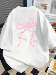 Short-Sleeved Printed T-Shirt With Designs On The Front And Back - Pink Bow, Cute Style -  Printed T-Shirt For Women, Spring/Summer, Your Best Choice! Elegant Party Outfit, T-Shirt For Elegant Ladies, Blouses Suitable For Curvy Women, Prom Skirts, Casual Wear - 白色 - 查看 2
