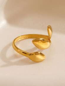 1pc Minimalist 18K Gold Plated Stainless Steel Leaf Open Ring, Suitable For Women's Daily And Party Wear - Gold - View 3