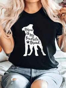 "Women Rescue Is My Favorite Breed" T-Shirt For Pitbull Lovers, Comfortable Short-Sleeved Crew Neck T-Shirt For Spring And Summer, Women's Clothing. - 黑色 - 查看 1