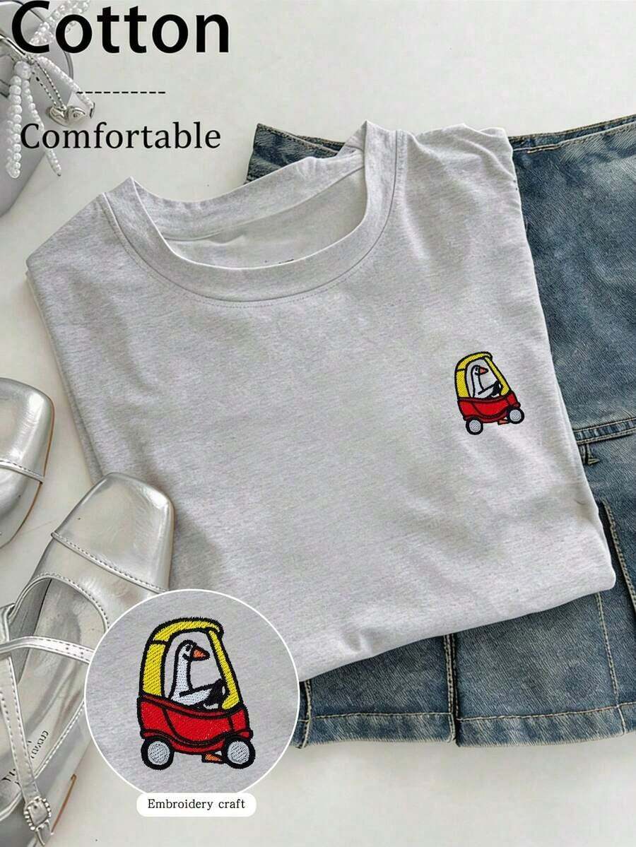 Camiseta de manga corta con cuello redondo y bordado de sol de playa para mujer - Gris Claro - Ver 1