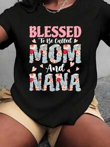 Camiseta de Mujer con Estampado Floral y Textual "Blessed To Be Called Mom And Nana", Manga Corta, Cuello Redondo, para Uso Diario - Negro - Ver 6
