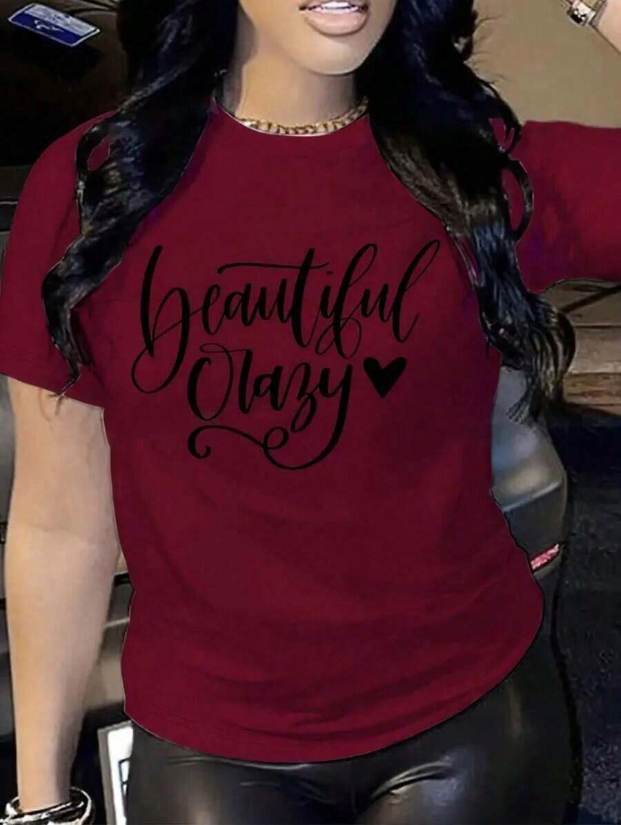 Women's Casual Short Sleeve T-Shirt - Brown With "Beautiful Crazy" Cursive Lettering And Heart Design, Medium Elastic Round Neck, Comfortable For All Seasons, Machine Washable, Cute Short Sleeve Tops, Elegant Casual Wear, Medium Elasticity Fabric - 彩色 - 查看 1